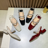 Tacones gruesos de verano con punta cerrada y diamantes de imitación para mujer, talla grande